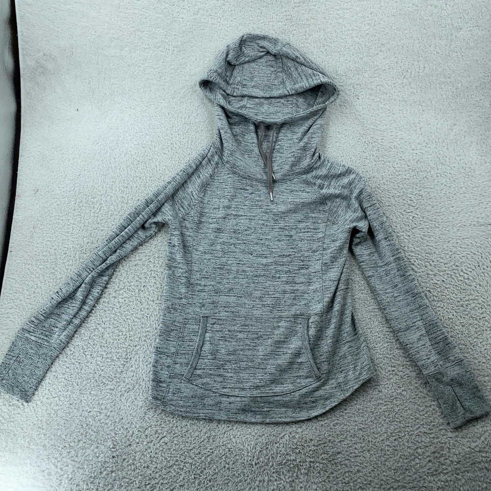 Athleta Techie Hoodie Womens Small Gray Heather Kangaroo Pocket Thumbholes